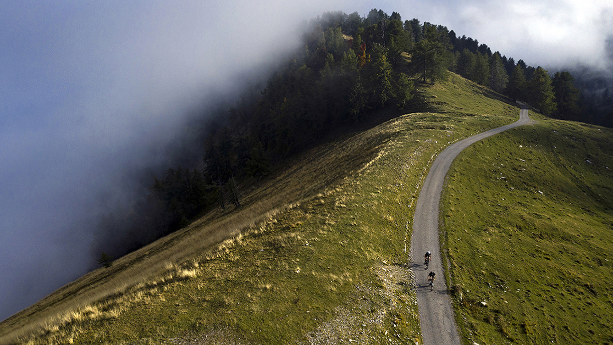 Aerial view of two riders on a country road