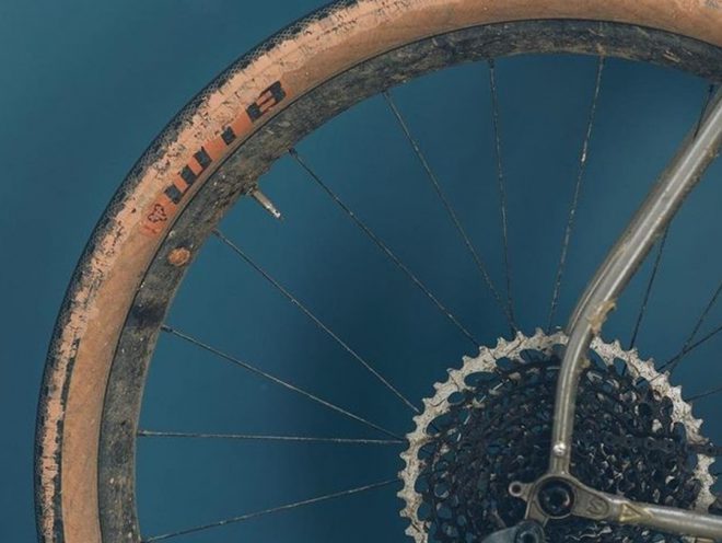 A photo of a rear mountain bike wheel and cassette against a blue wall.