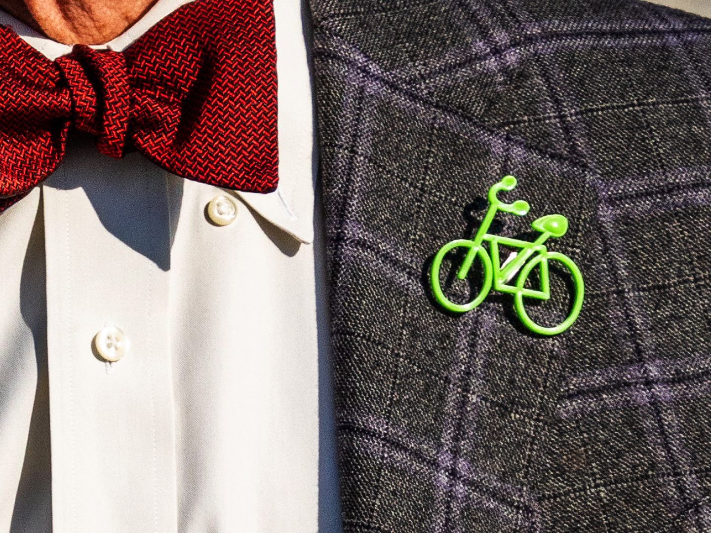 Close-up image of the left shoulder of Congressman Blumenauer's suit jacket. His suit is dark grey wool with light and darker grey plaid striping. His red bow tie is visible, and he wears a pin of a bright green bicycle on the lapel of his jacket.