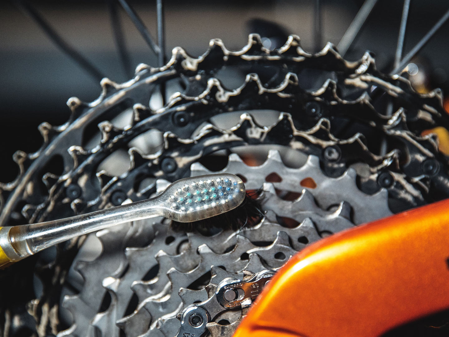 Nettoyage d'une cassette de vélo avec une brosse à dents