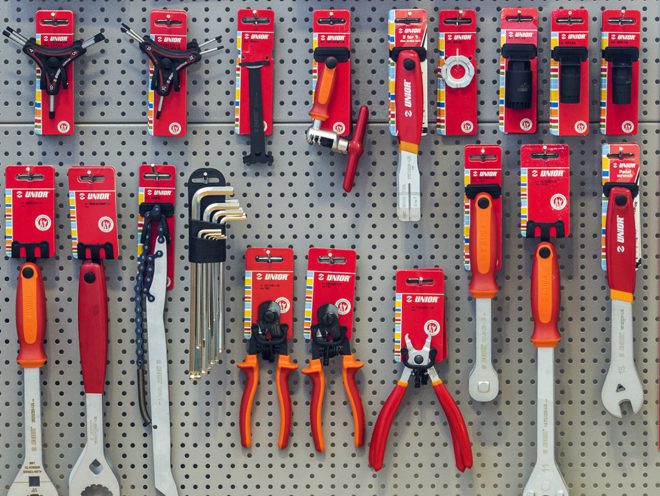 bike tools hanging on wall