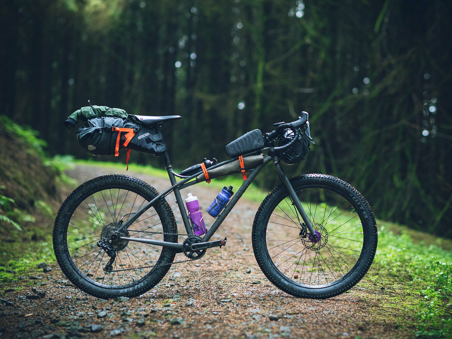 Una bicicleta en un sendero, con bolsa de sillín y otra en el tubo horizontal.