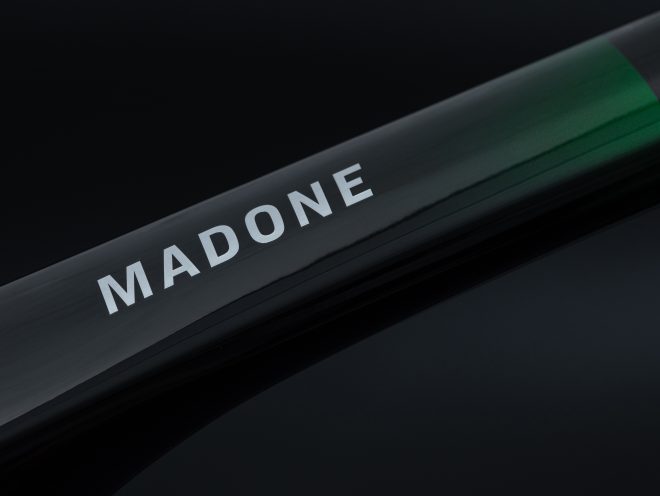 Madone logo on bike's top tube, showing