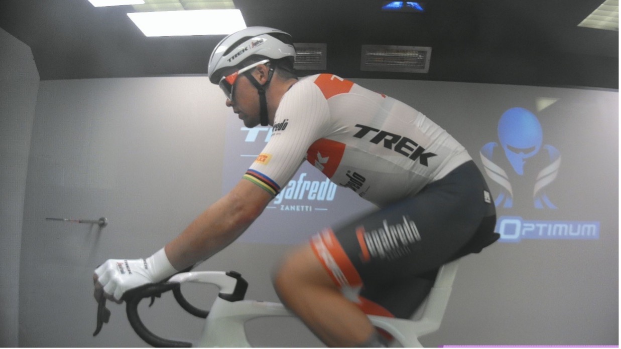 Mads Pedersen in a test lab riding the new Madone