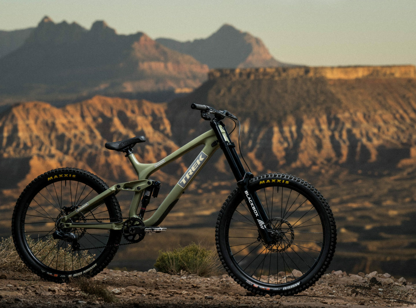 A bike portrait photo of Brandon's green dual-crown Session for 2022 Rampage.