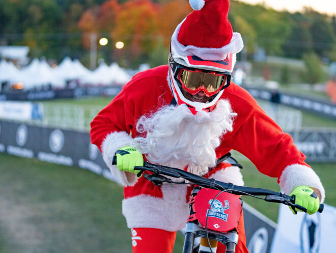 Trek's CFO Chad Brown racing dressed as Santa Claus at the Trek CX Cup