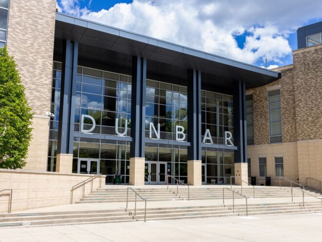 The front steps and entryway to Dunbar High School in Washington, D.C.